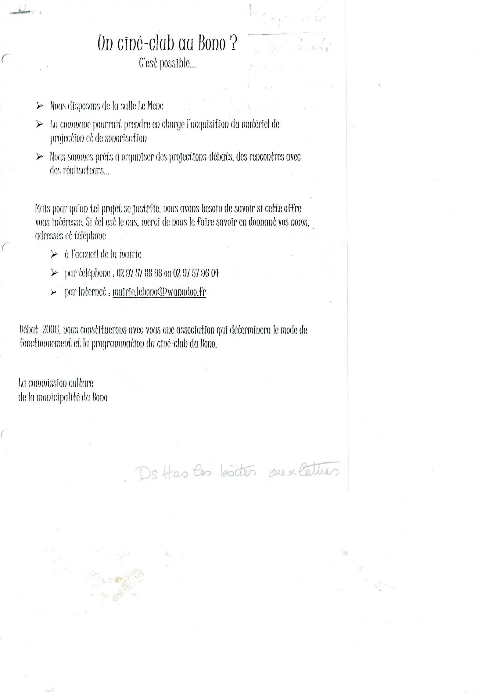 Document d'origine du projet de ciné-club au Bono en 2006