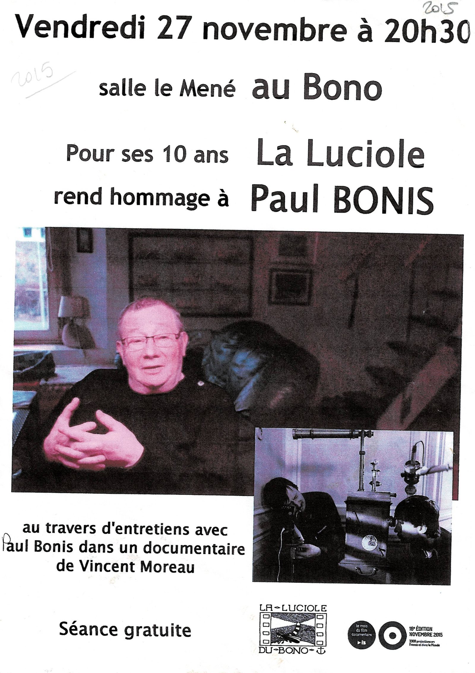 Affiche de l'hommage à Paul Bonis pour les 10 ans de La Luciole en 2015